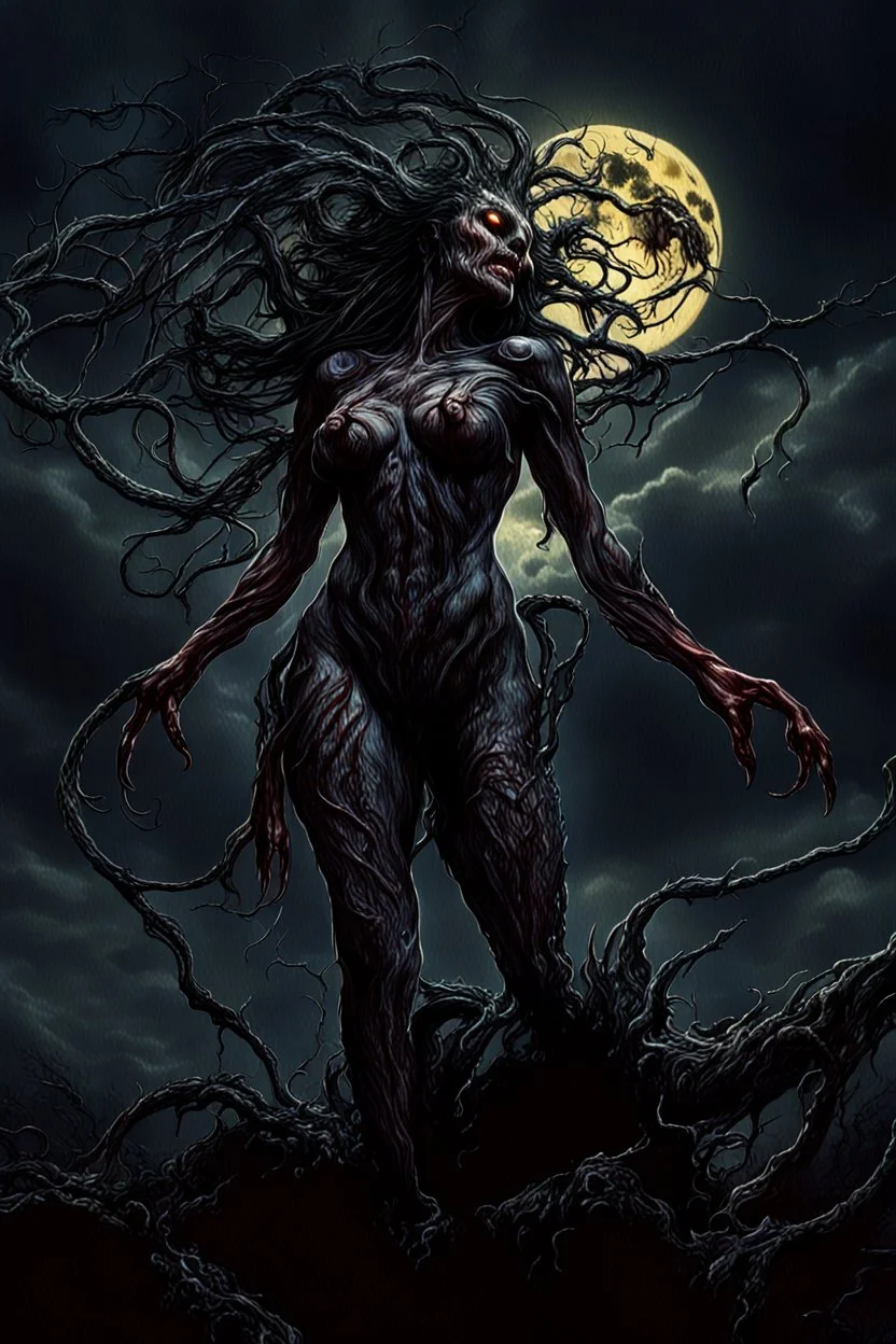 A dramatic digital painting portraying a horror monster under the Moon, veins pulsing, claws of temptation visible, soul in turmoil. In the style of Luis Royo and Boris Vallejo and Giger, vivid colors, swirling brushstrokes, highly detailed, 8k resolution, surrealistic., juicy emotions, painting, gloomy fantasy, gloomy day, dark world, portrait, oil and graphite, wide strokes, a weaving frame around, by Ryohei Hase, Agnes Cecile, Raymond Swanland, Anne Bachelier