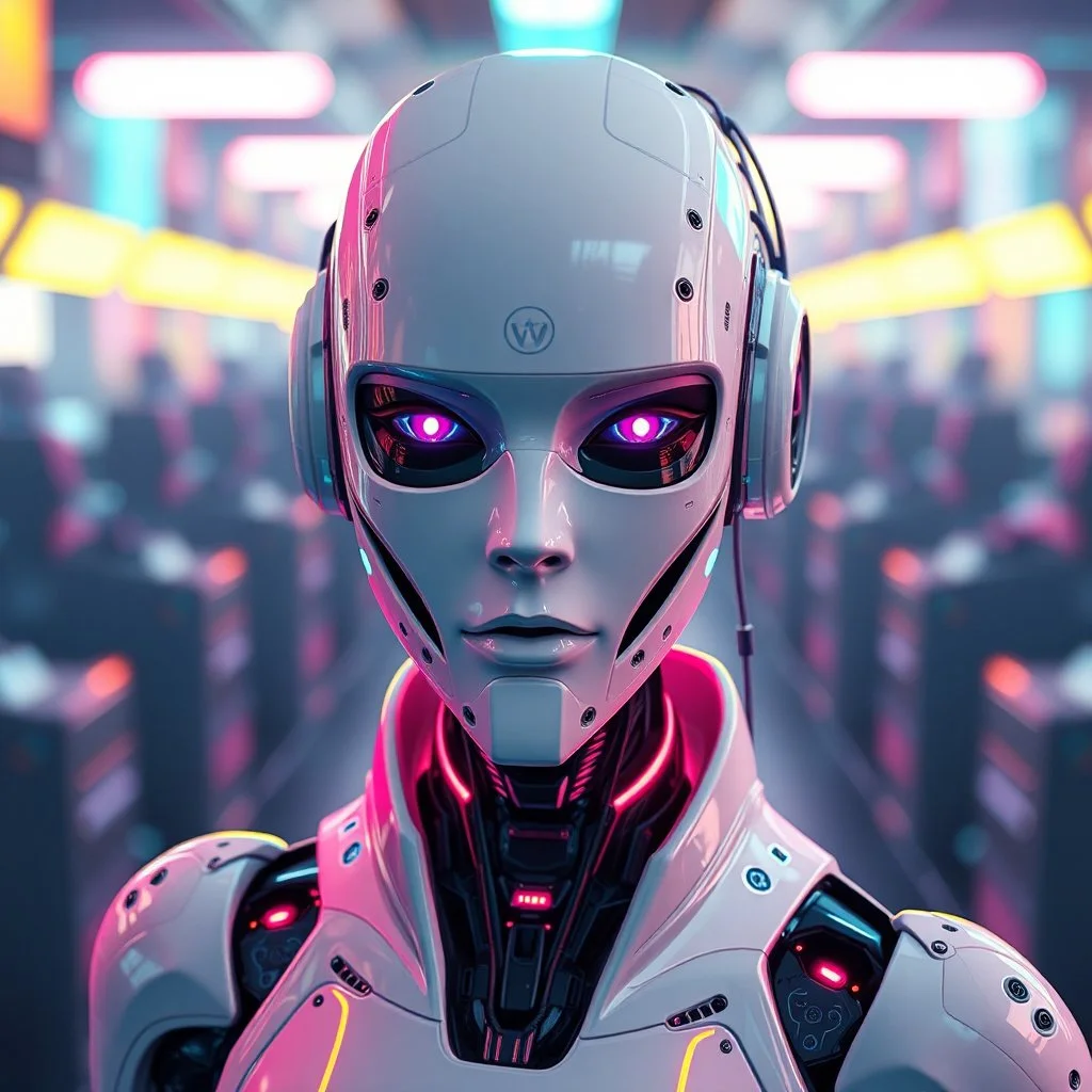 a cyberpunk genderless android robot, bright colours, futuristic, dystopia, stylised, digital art, 3d render