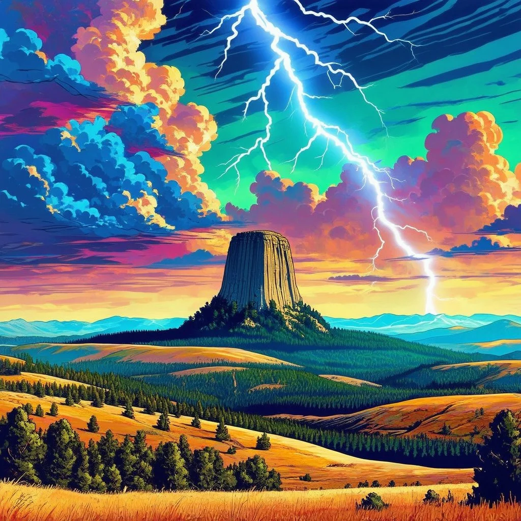 beautiful vibrant natural colors, landscape of Devils Tower National Monument, pop art, clouds, storm, lightening , mountains, poster, Colorado
