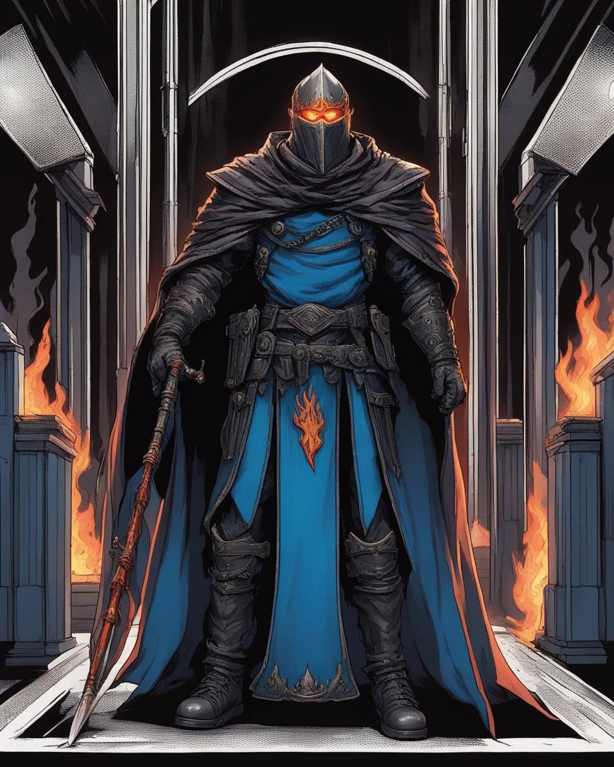 A commander with a matte black combat helmet and eyes with bright blue flaming pupils, a black cape and a long coat with long combat boots and a long, sharp and fiery spear and with his helmet under his cape and two blue flames instead of eyes