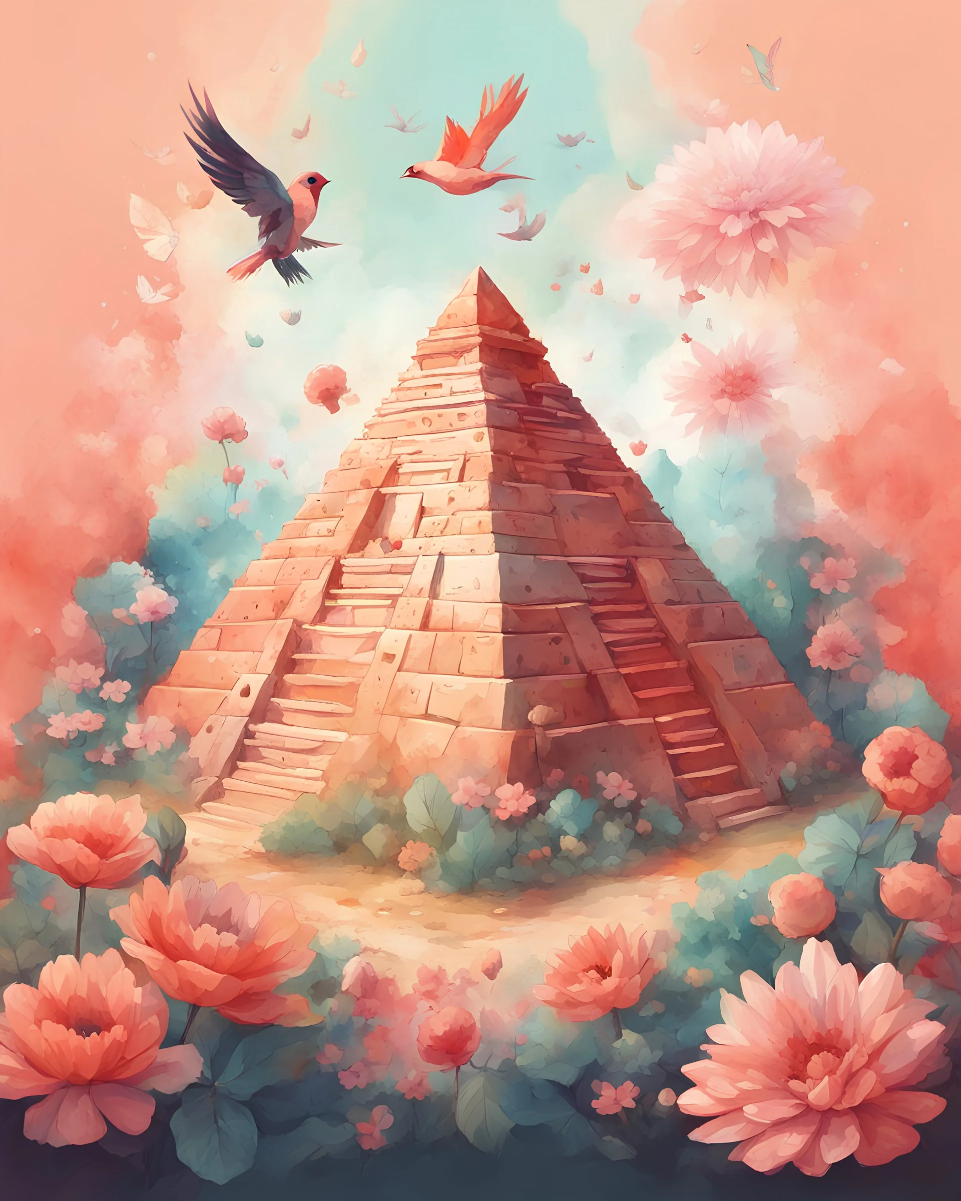 A detailed illustration a print of archaeological pyramid, fantasy flowers splash, vintage t-shirt design, in the style of Studio Ghibli, red and peach flora pastel tetradic colors, 3D vector art, cute and quirky, fantasy art, watercolor effect, bokeh, Adobe Illustrator, hand-drawn, digital painting, low-poly, soft lighting, bird's-eye view, isometric style, retro aesthetic, focused on the character, 4K resolution, photorealistic rendering, using Cinema 4D