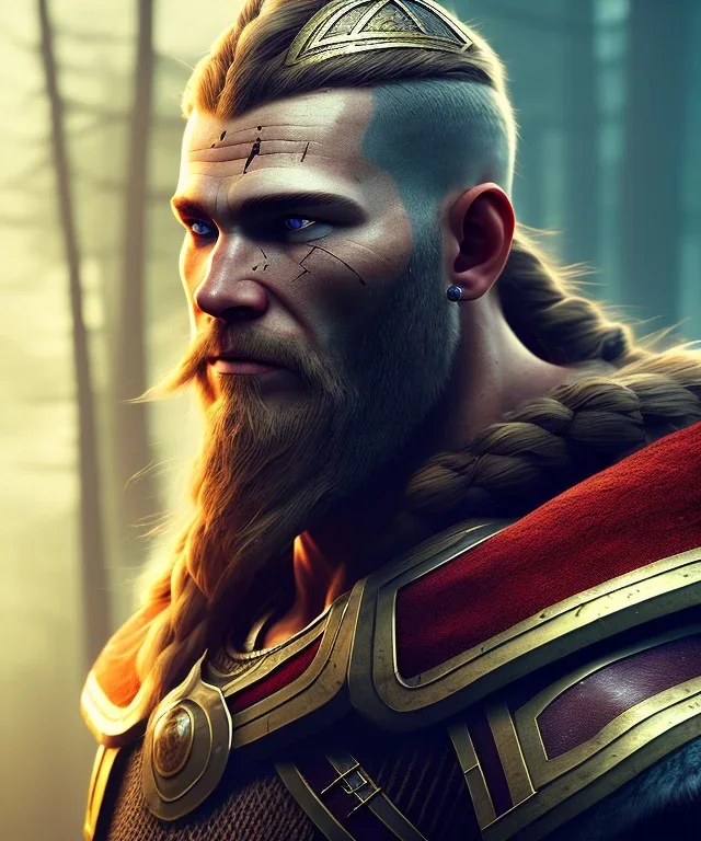 A strong and muscular viking portrait with scars and metal face , fire colours, atmospheric, realistic, unreal engine, cinematic lighting, octane render, 8k.