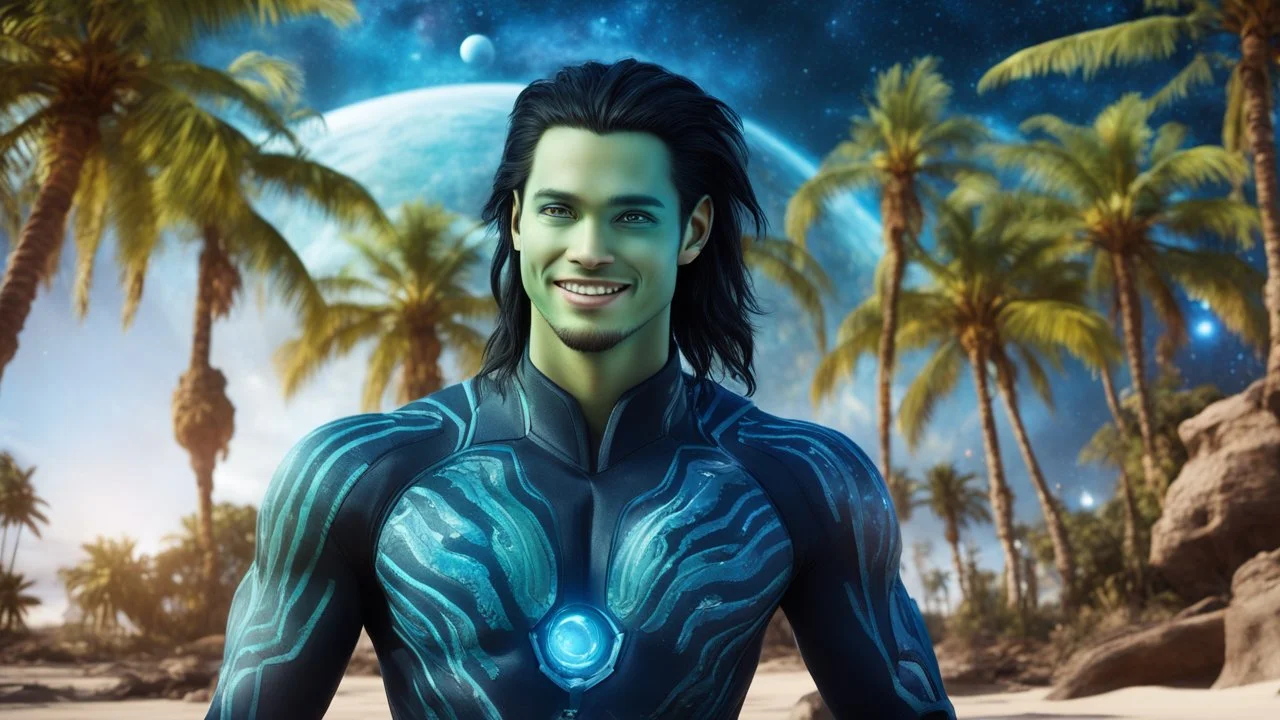 beautiful gorgeous young man na'vi with long hair, Avatar, blue skin, two small ears, green eyes, black hair, in cosmic suit, galactic ambiance, medium pointy goatee , smiling, with spaceship and planets and palm trees and clear crystaline cosmic beach in background