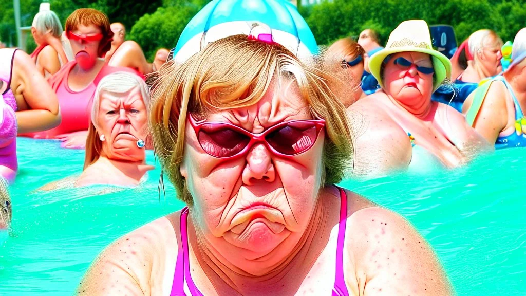 mother pouting at a crowded water park