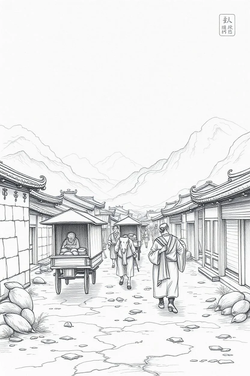 trading caravan Hexi Corridor silk road in ancient times in the style of Huang Yong Ping pencil sketch