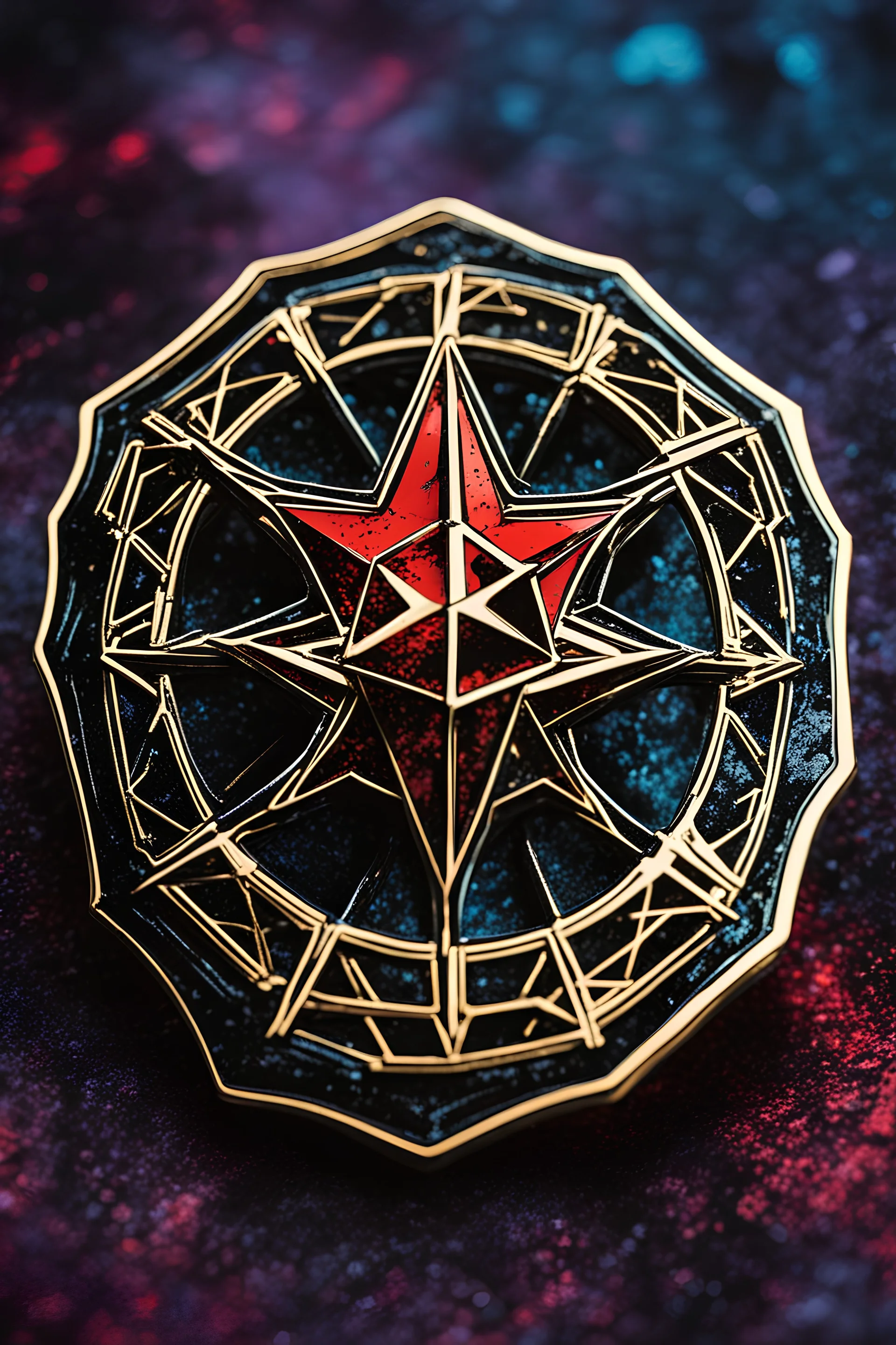 abstract symbol of an ancient Catalan female vampire coven , in the form of highly detailed 12 sided star lapel pin, in the graphic novel style of Bill Sienkiewicz