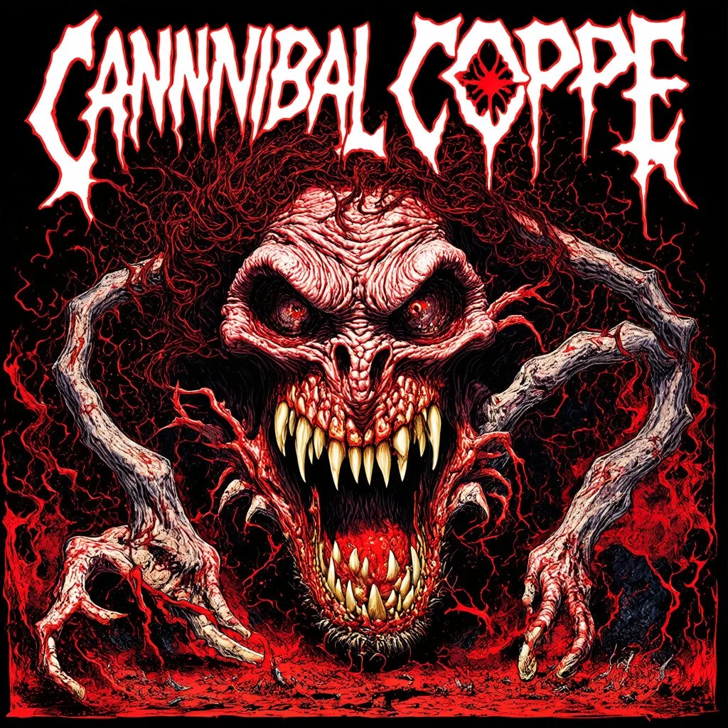 Chaos horrific, Carnivorous attack Apocalyptic plight, Grotesque morbid threat, illustrative style by Arturo Souto, unbalanced, offset, non-symmetrical surreal horror, text "Cannibal Corpse" album cover aesthetic in a death metal font