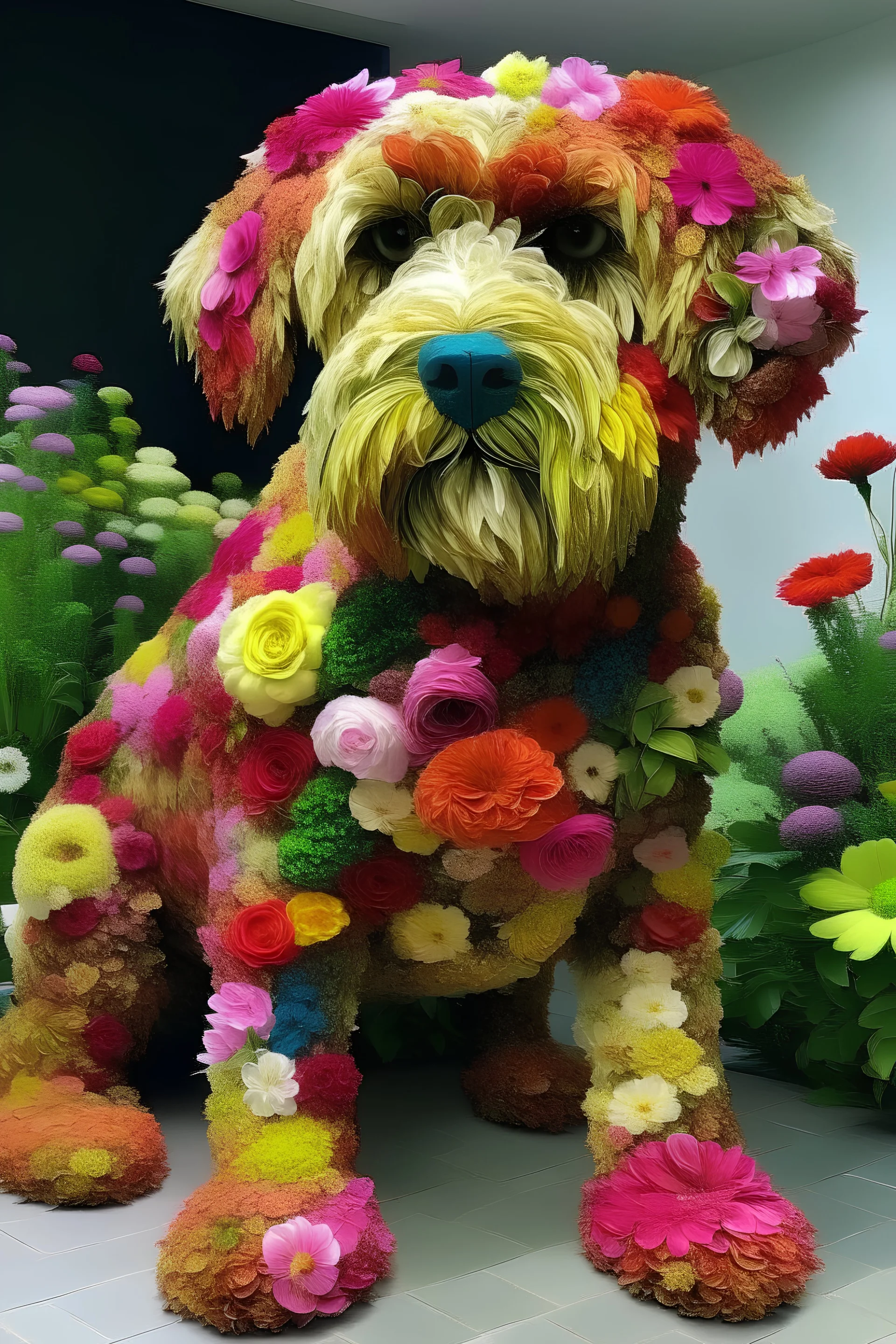 dog made out of real life flowers