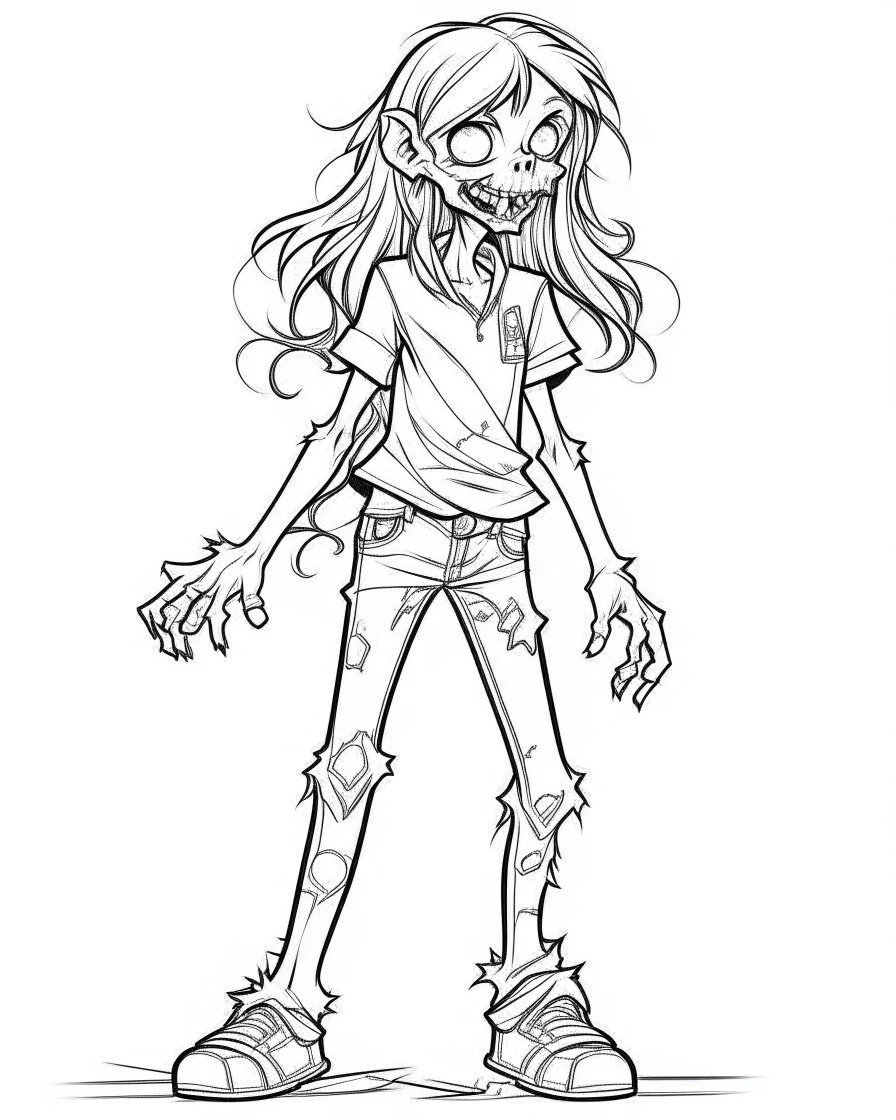 cartoon girl zombie, coloring image, full body (((((white background))))), only use an outline., real style, line art, white color, clean line art, white background, Sketch style