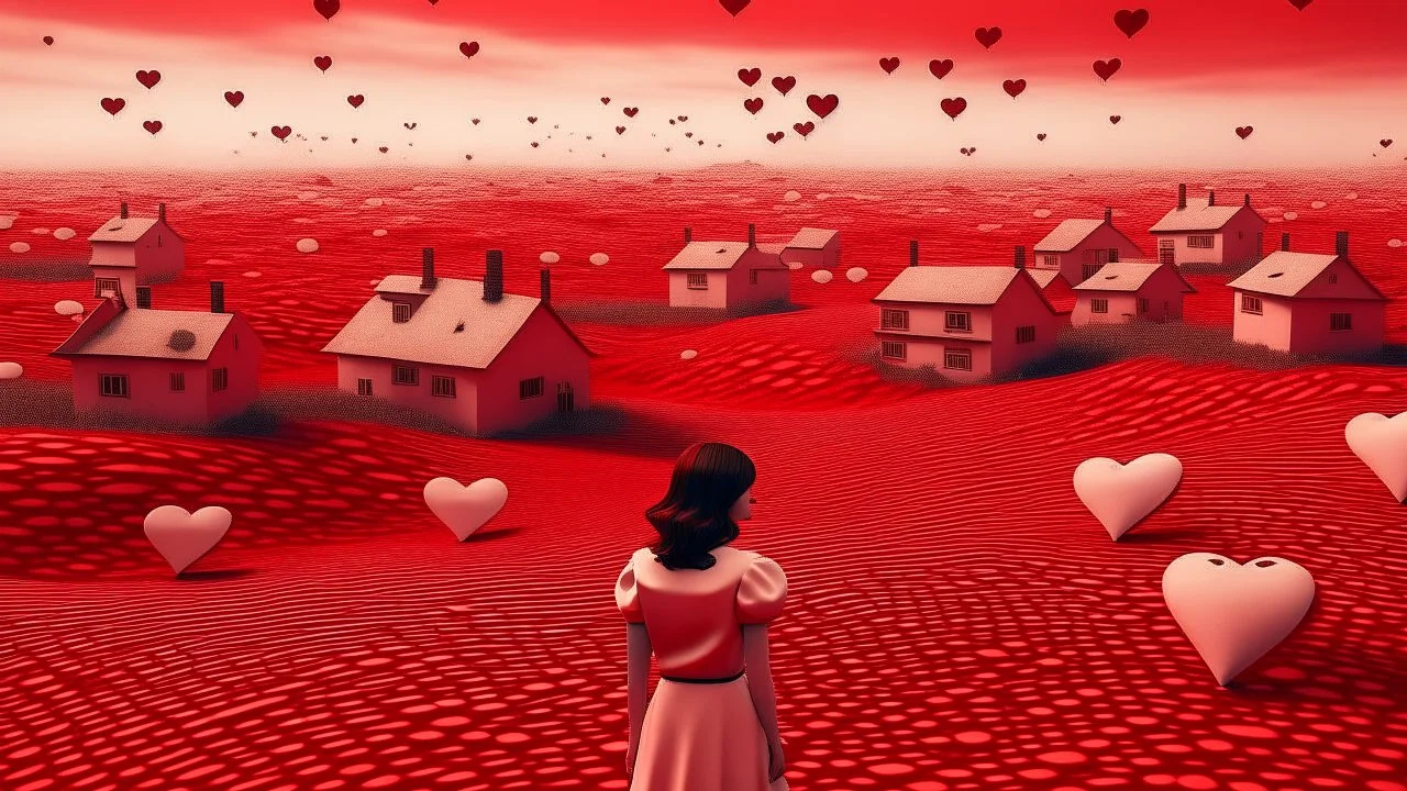 A surreal landscape with numerous white houses with red heart-shaped patterns covering them. In the foreground, a woman in a red dress stands among the structures, while a silhouetted figure is visible in the distance.