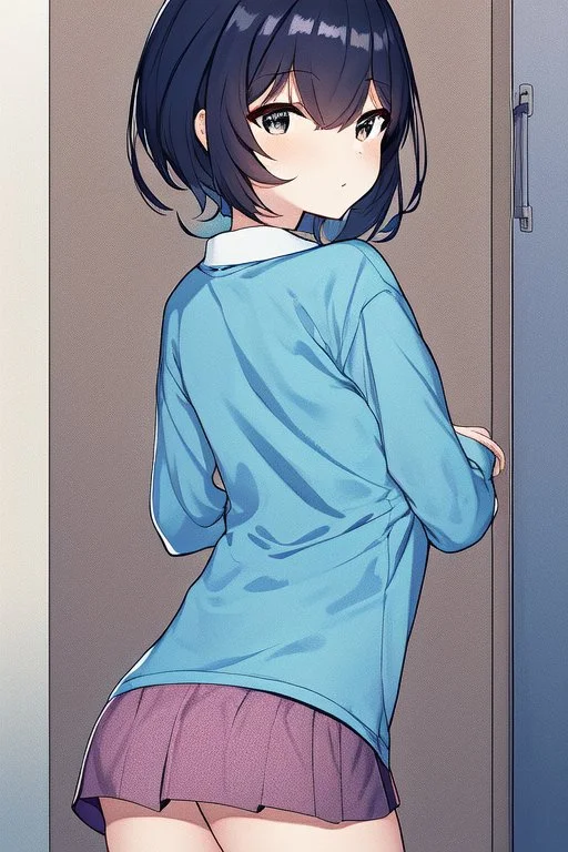 anime waifu wearing a pyjama shirt and a short skirt with her back turned