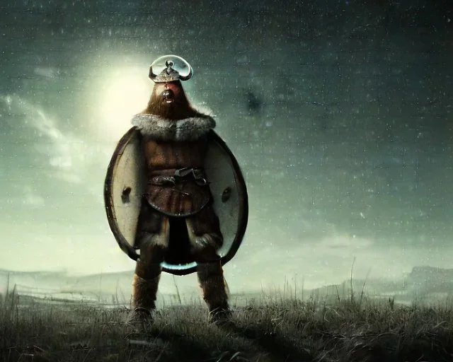 a sad and lonely viking looking up at the stars at night, hyper realistic, 8k, insane detail, atmospheric background, crying eyes, big fur coat, long braided hair, sharp focus, soft background, dynamic lighting, viking helmet, night time