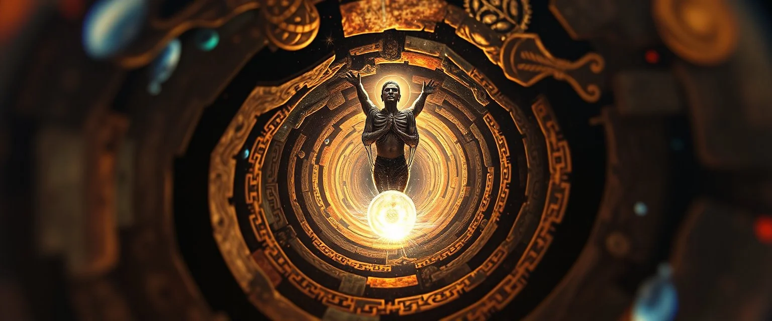 hypnotic labyrinth world seen from inside crystal pinhole pic into 4th dimension ,awake within a dream, portrait of ascended chakra master blaster, master oil painting by Rembrandt, escape route from our dimensions, hidden even to the zebra worm hole inside crystal ball