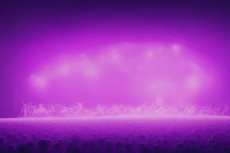 look from above at An orchestra playing on stage purple color scheme, high key lighting, volumetric light high details psychedelic background