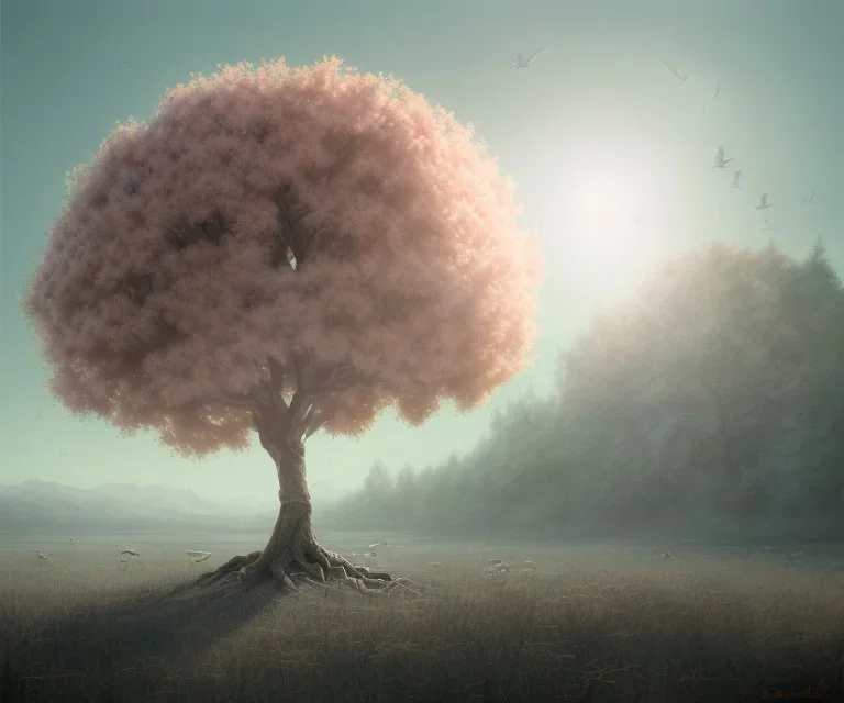 a beautiful digital painting of a marble tree entertwined in tumutluous clouds, intricate white branches and birds flying in the sunlight, blue sky at sunset, elegant, highly detailed, artstation, concept art, matte, sharp focus, art by tom bagshaw, kelogsloops and greg rutkowski