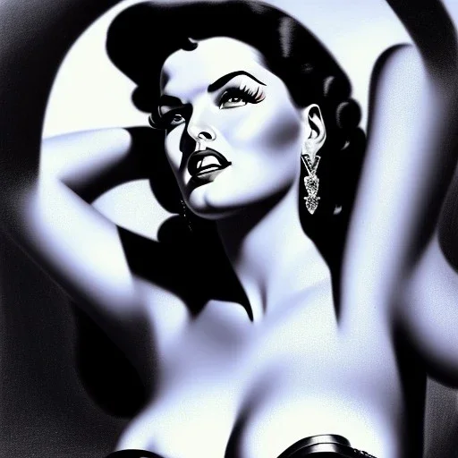 Dibujo de Jane Russell como una cortesana muy guapa y voluptuosa con el estilo de Caravaggio