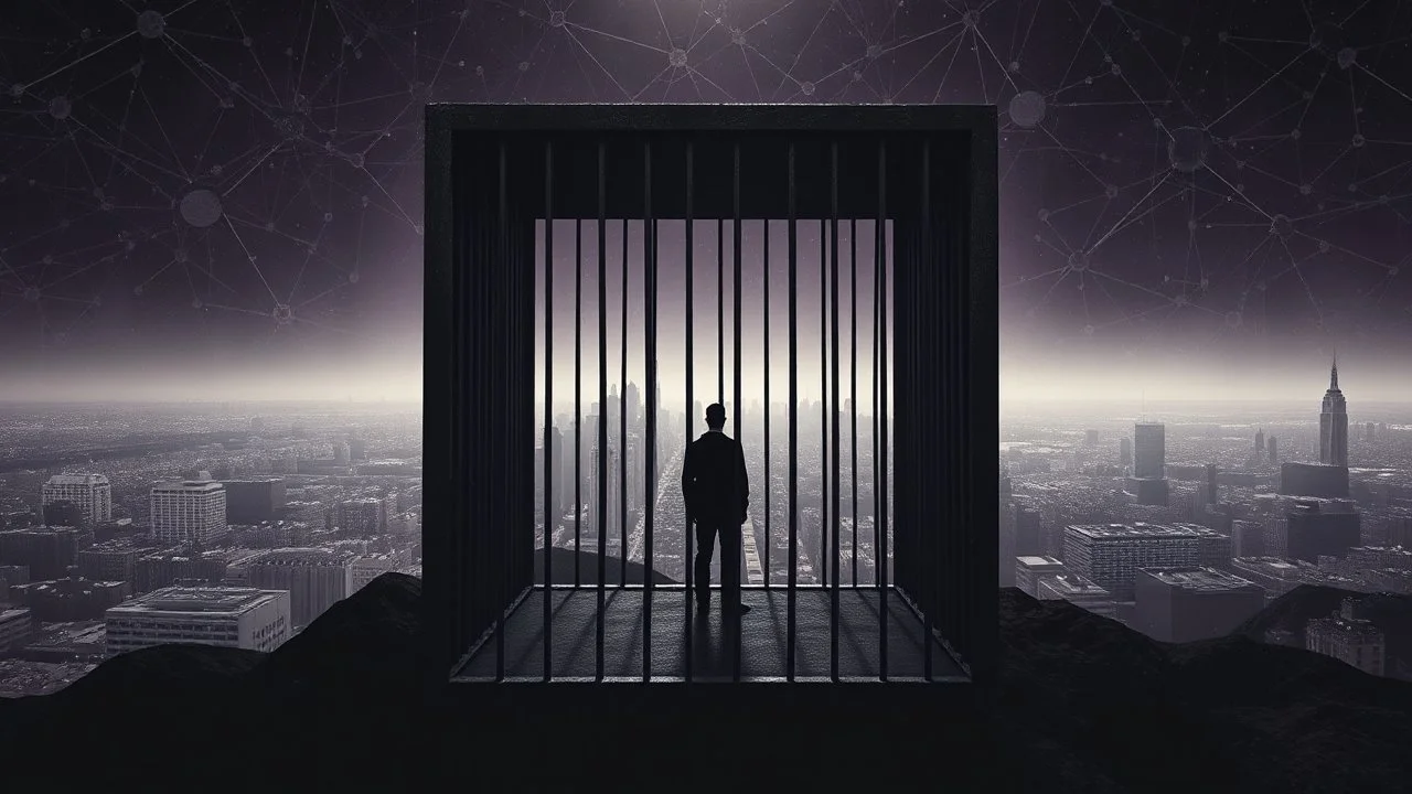 inner stands a human figure alone in an cube like cage with dense bars , in outside around in the distance big landscape with big city and many fade human figures in the city, dark purple, gray, black, white, brown. Whimsical style and surreal vibe, lonely with neuron network background, surreal stunning vibe