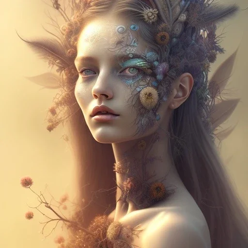 Portrait of beautiful girl, plant, metal, feathers, Dryad, fae, sidhe, ominous, nature, plants, wildflower, facepaint, dnd character portrait, intricate, oil on canvas, masterpiece, expert, insanely detailed, 4k resolution, retroanime style, cute big circular reflective eyes, cinematic smooth, intricate detail , soft smooth lighting, soft pastel colors, painted Renaissance style,sharp fucus, bokeh,macro lens, 1500mm lens