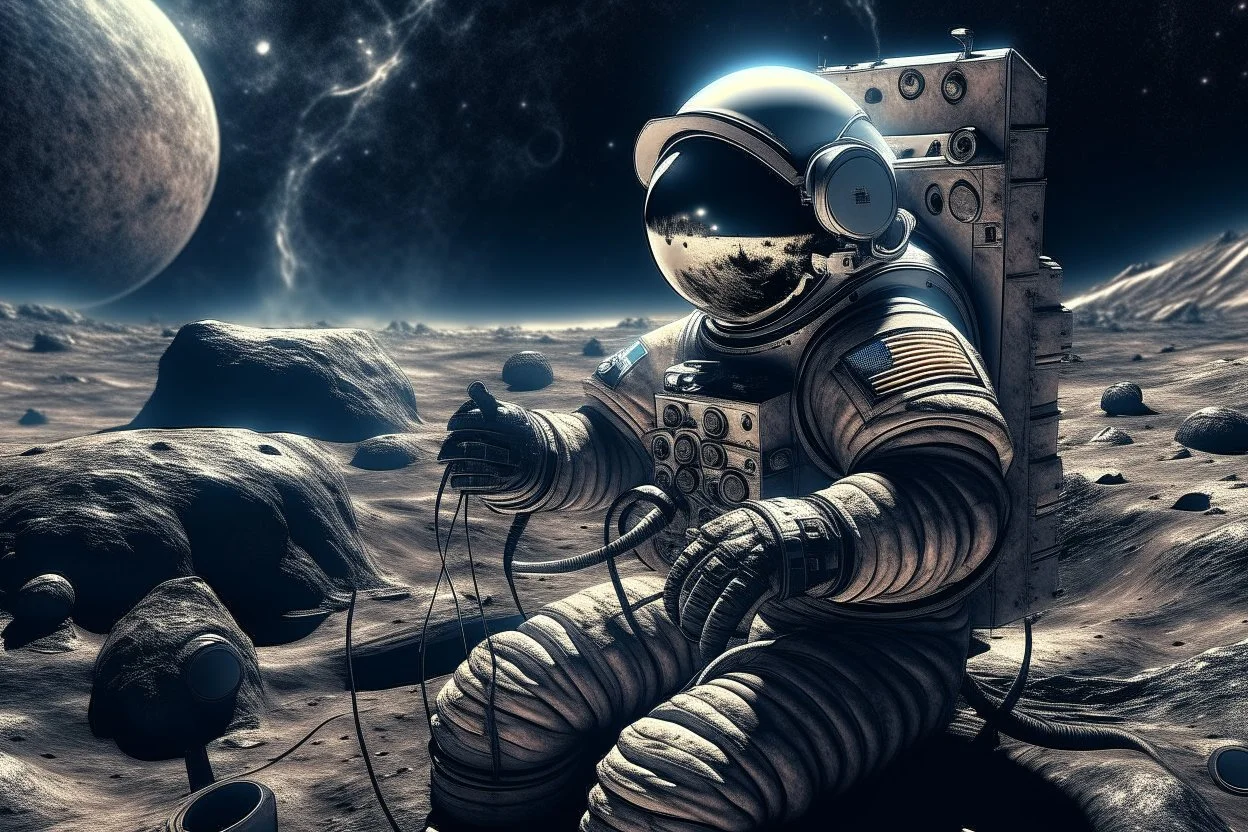 Un astronaute heavy metal écoute la radio sur la lune. La terre explose en arrière plan.