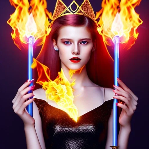 Attractive young teenage girl with golden fire red hair wearing a fire tiara, who is dressed like a witch casting a spell holding a witch’s staff, she has cat ears and open dazzling blue eyes, background is realistic space with a moon, the girl is on a planet, black black girl dress, full body portrait, arm colors gradient effect into stars, rendered, unity 3d, unreal engine, dslr, hdr, 4k, edited, photorealistic, normal number of appendages, freckles, artists render