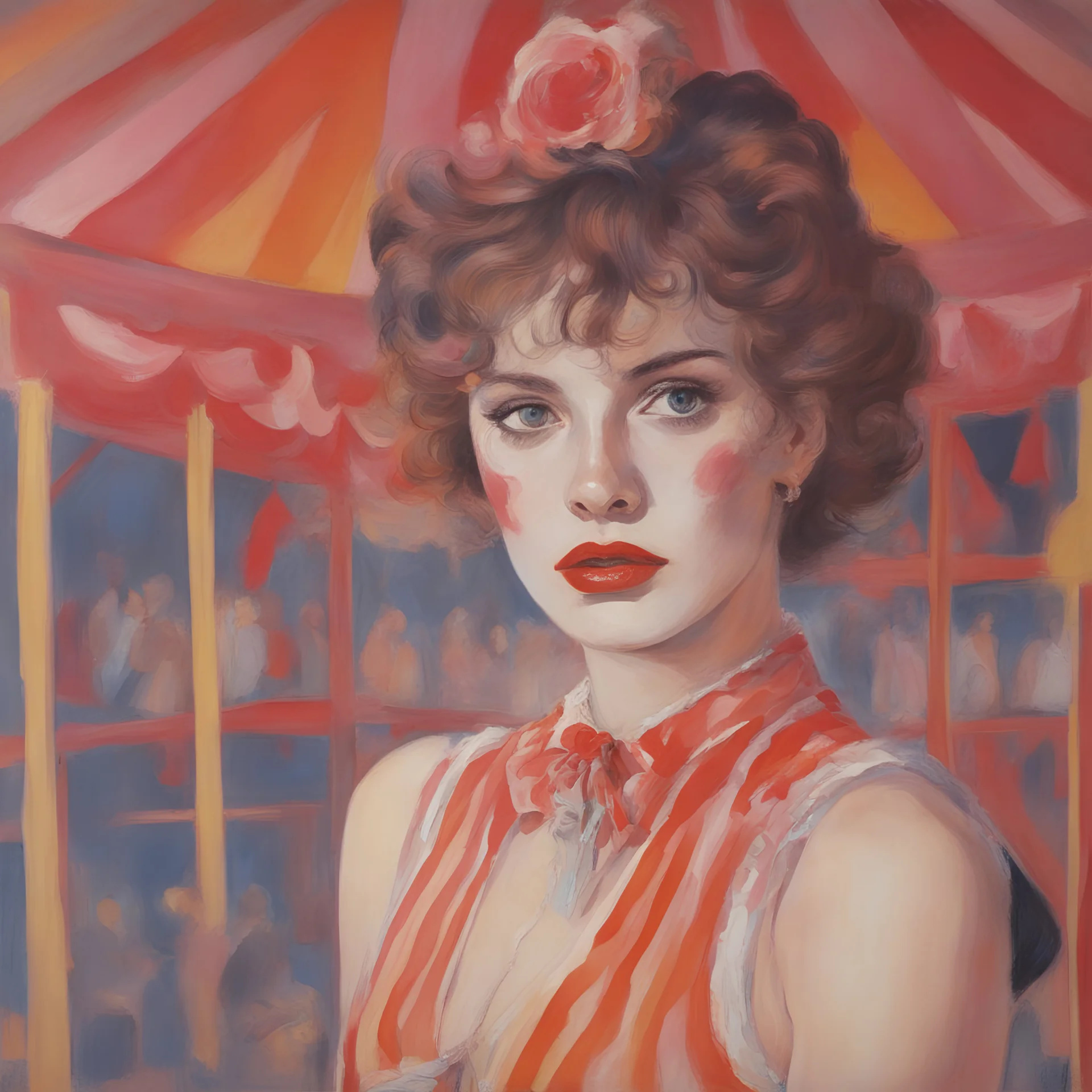 A woman at the circus, 1980s, red, orange, pink