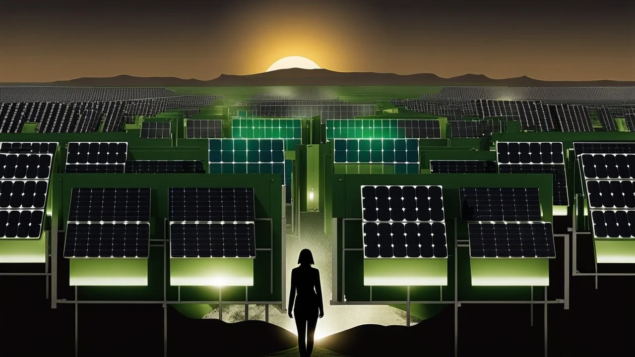 photo from special circular and columnar and abstract shaped solar panels, this solar power plants, solar energy panels stand in rows in a semi-desert, semi green planted futuristic ​​special landscape, in the foreground of the picture, stands on a hill a dark silhouette of a short-haired woman and looking up at the sun, in the distance in background is the metallic dome of a solar power plant glitters,the light blue-white sky shows a glowing sun. high detailed, sharp focus, masterpiece