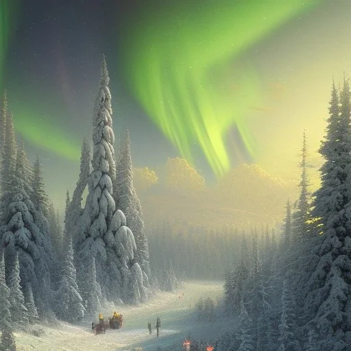 northern landscape with snow-covered trees and northern lights in the sky,by peter mehrbacher,thomas kinkade and Raphael lacoste,masterpiece, illustration,highly detailed,fine detail,intricate,trending on artstation