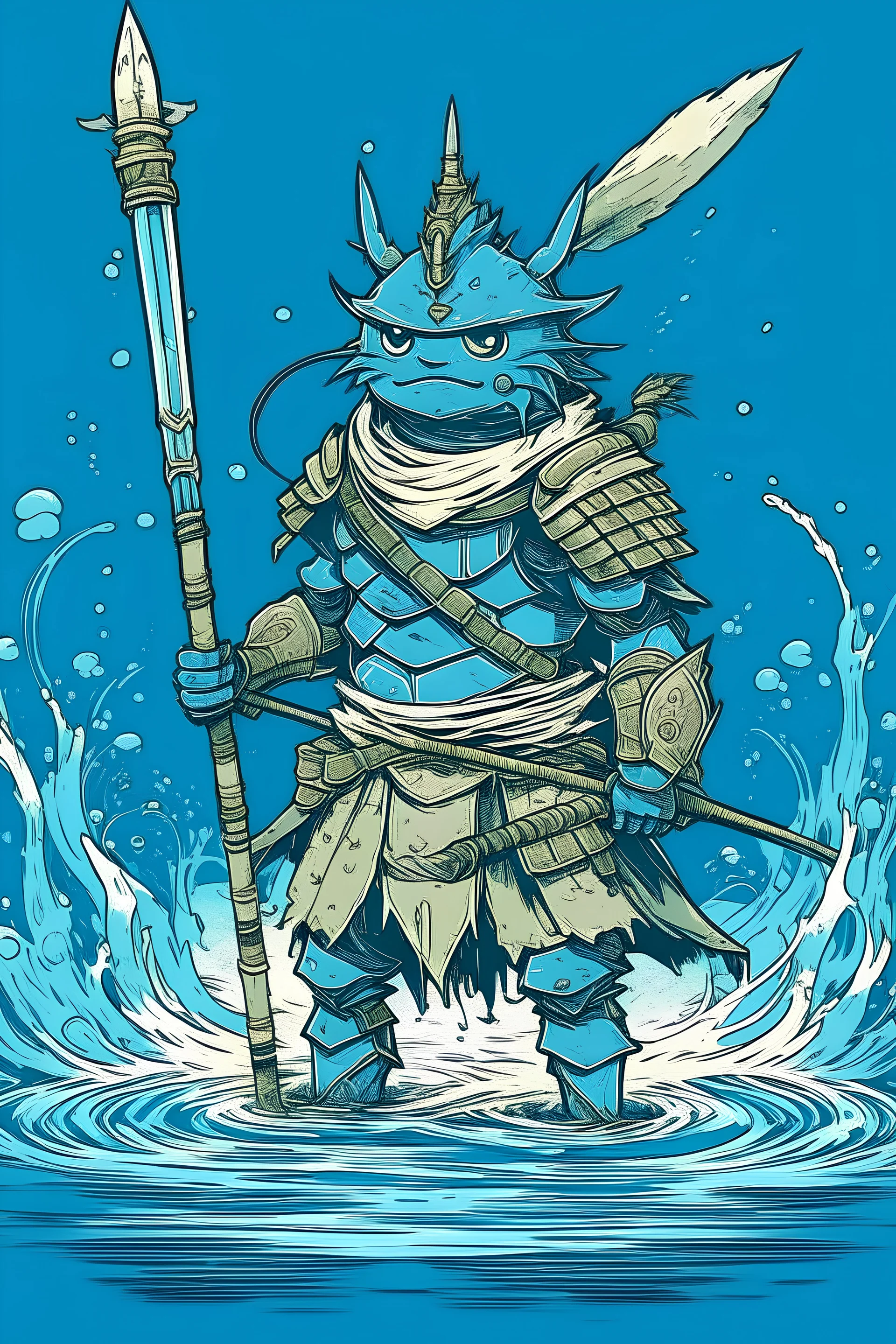 a water warrior, with a spear, ghibli style