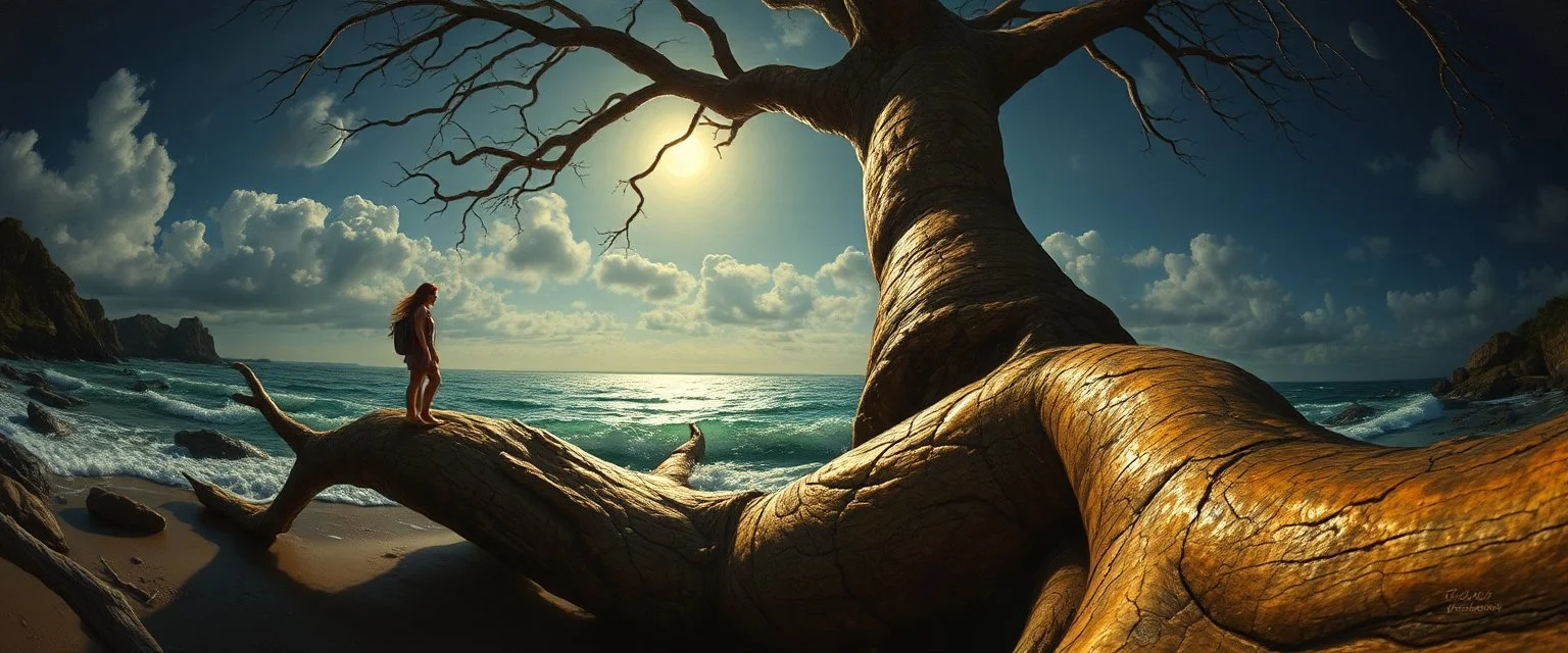 pin hole cam, master oil painting by Rembrandt, By moonlit cove where silver tides embrace, Walked Lena Gray, her hair a chestnut flame, And Oskar Vann, freckled, with storm-blue gaze, Both chasing secrets tides could not reclaim. They spied a trunk, twisted like an old tree, Its bark peeled gold, veins glowing faintly green,