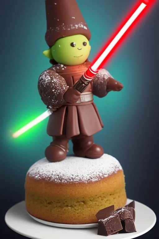 sponge cake filled with chocolate topped with a marzipan Jedi holding a lightsaber