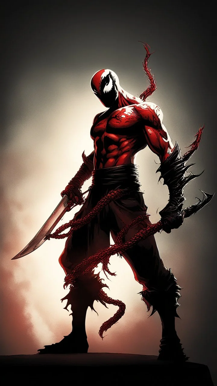 Venom symbiote with kratos red tattoos and Clothes, holding blade of choice