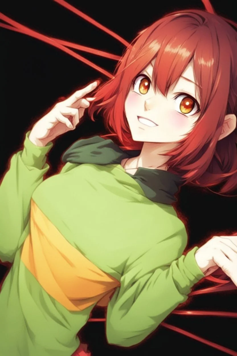 Manga style, Give the character a mischievous smile, put a green hood on her, a green blouse on top too, and a red scarf with several other colors