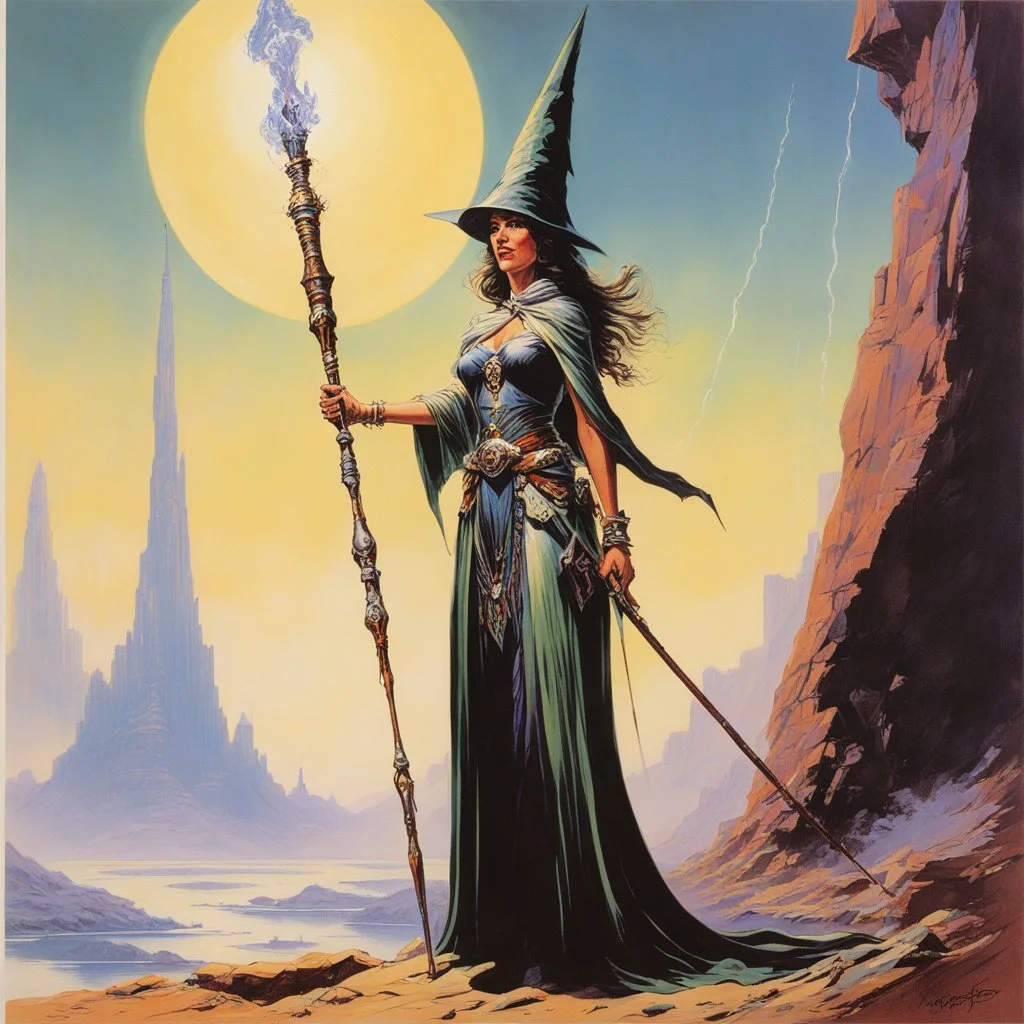 ConceptSheet [by Bruce Pennington]: woman wizard and her long rod with AD&D statistics