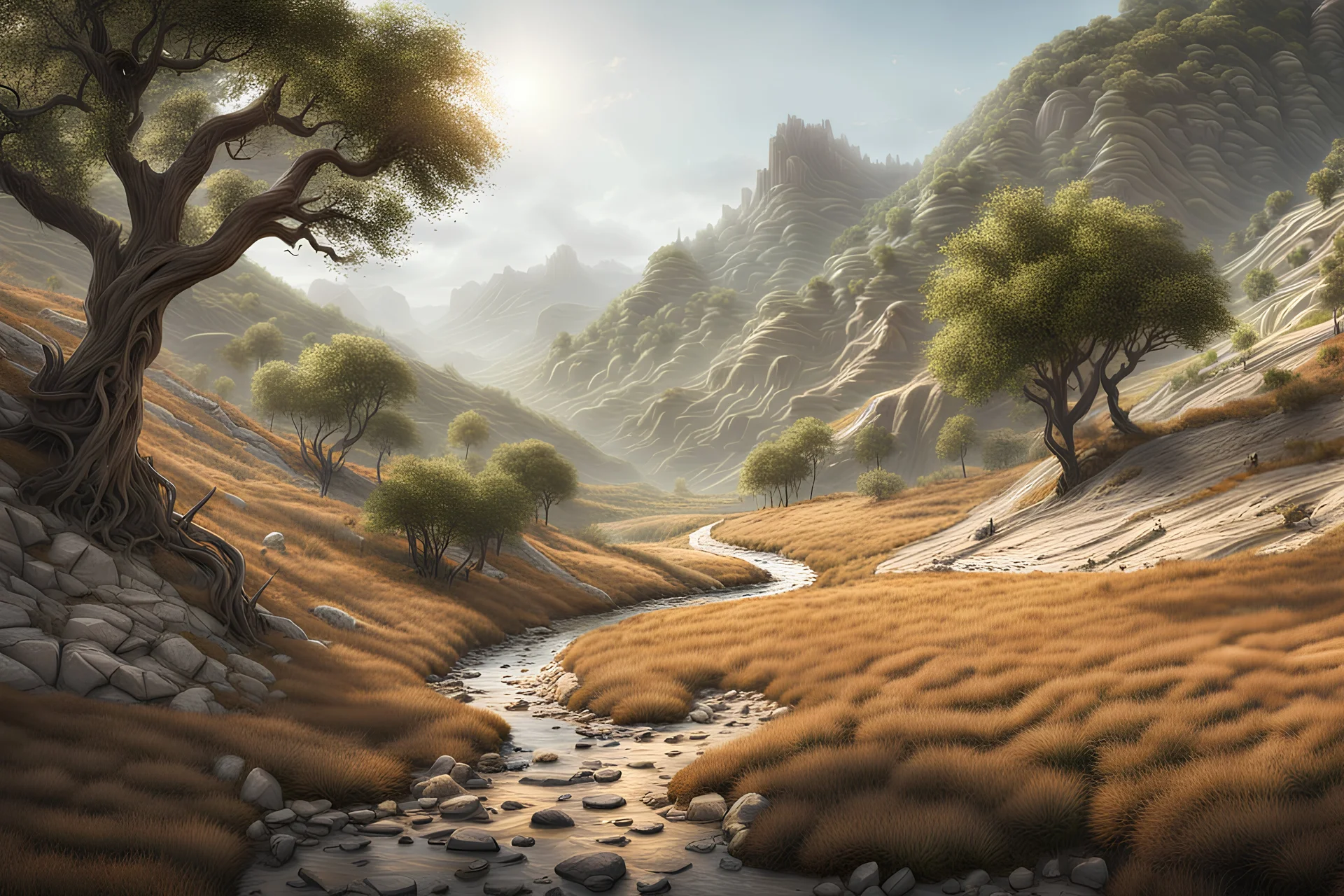 An image of a dried out creekbed meandering around some tree-covered hills. Medieval Fantasy, D&D, 8k HD, ultra-realistic. Medieval Fantasy, D&D, 8k HD, ultra-realistic.