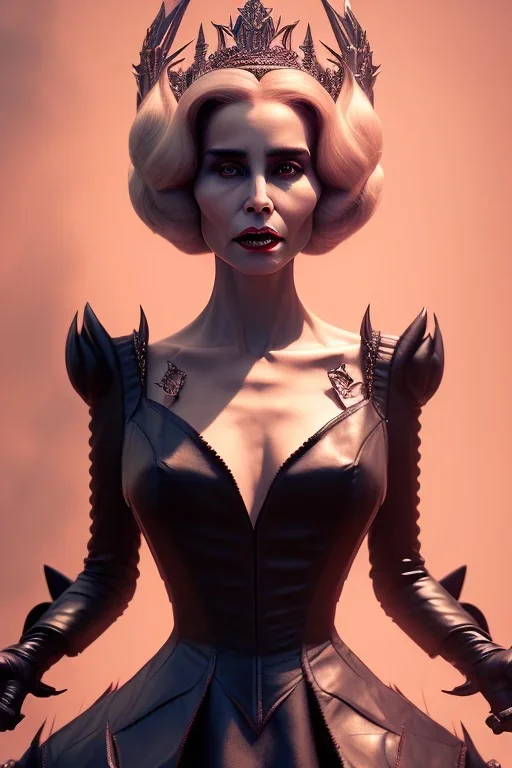 Constance Langdon as evil queen in black leather, leather, busty, cleavage, angry, stern look. character design by cory loftis, fenghua zhong, ryohei hase, ismail inceoglu and ruan jia. unreal engine 5, artistic lighting, highly detailed, photorealistic, fantasy