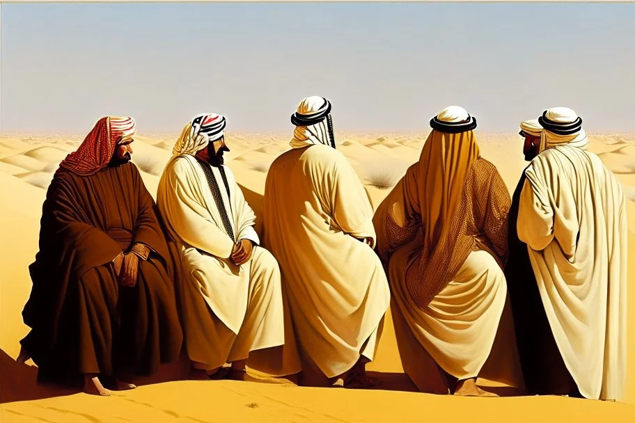 A tall fat european man in business suit wathcing four Arabian sheikhs sitting in the desert wearing typical Arab dresses, looking towards the four cardinal points and he is thinking.