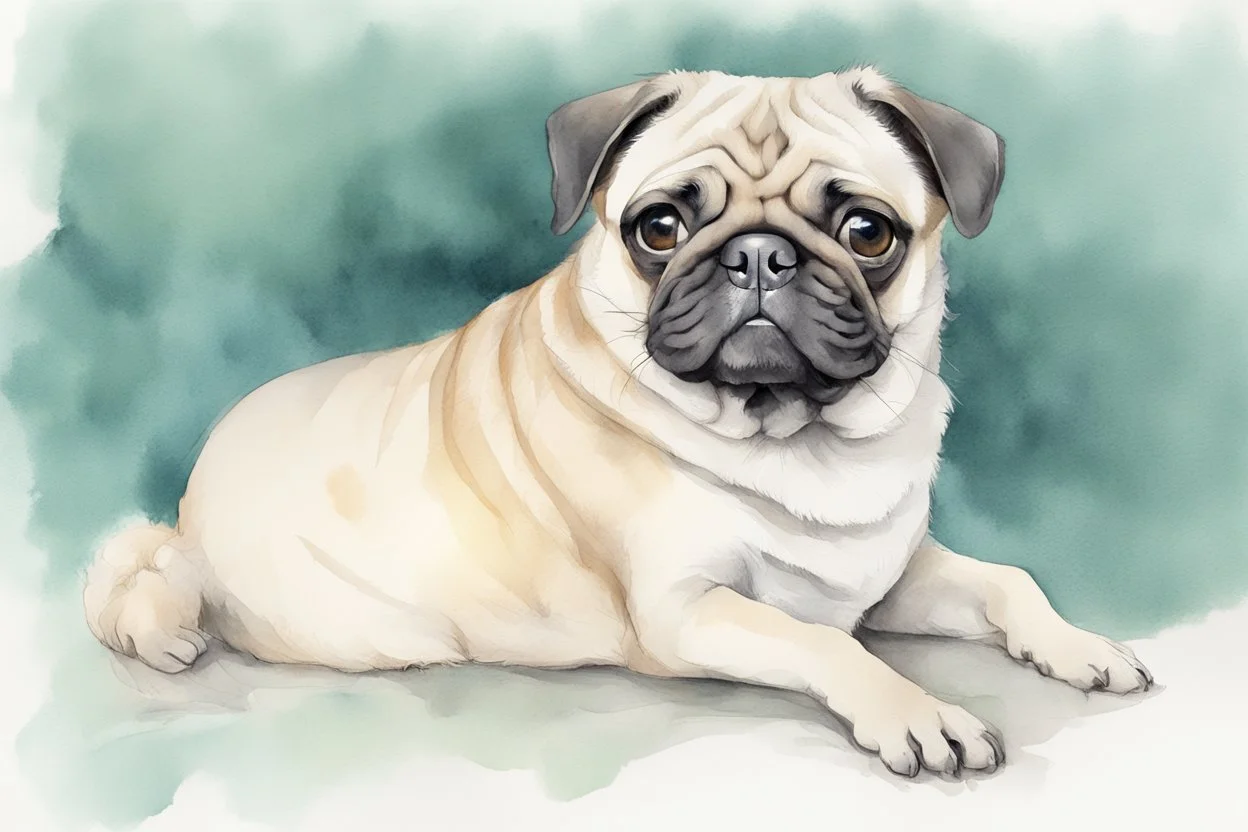 Pug sketch, watercolor, white background, vibrancy of watercolor wash, highly detailed, with sharp focus and smooth transitions. golden ratio, masterpiece, trend on CGSociety and Artstation, bottomless, impressive, something that does not even exist, textures,