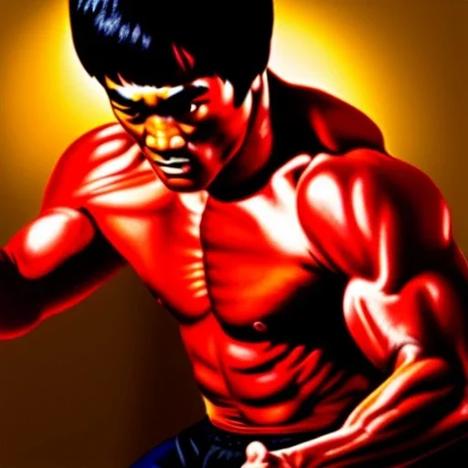 Ultra detailed fullbody Portrait in oil on canvas of Bruce Lee merges RedHulk,extremely detailed digital painting,extremely detailed face,crystal clear Big eyes, mystical colors ,perfectly centered image, perfect composition, rim light, beautiful lighting,masterpiece,8k, stunning scene, raytracing, anatomically correct, in the style of Wizyakuza and robert e howard and InHyuk Lee and Ohrai Noriyoshi and Simon Bisley.