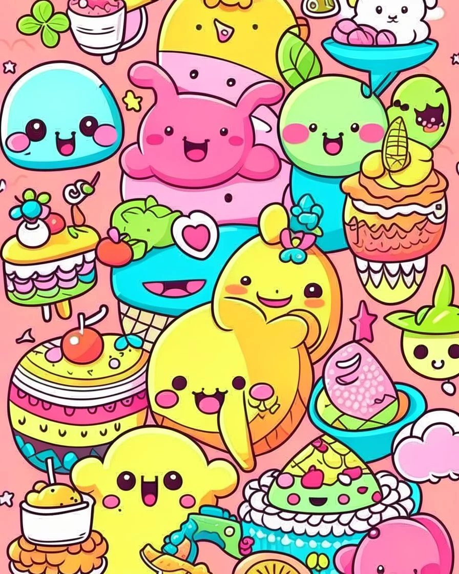 create a 2d outline, kawaii cover with kawaii food smiling and kawaii animals smiling, high quality, colorful,colors,