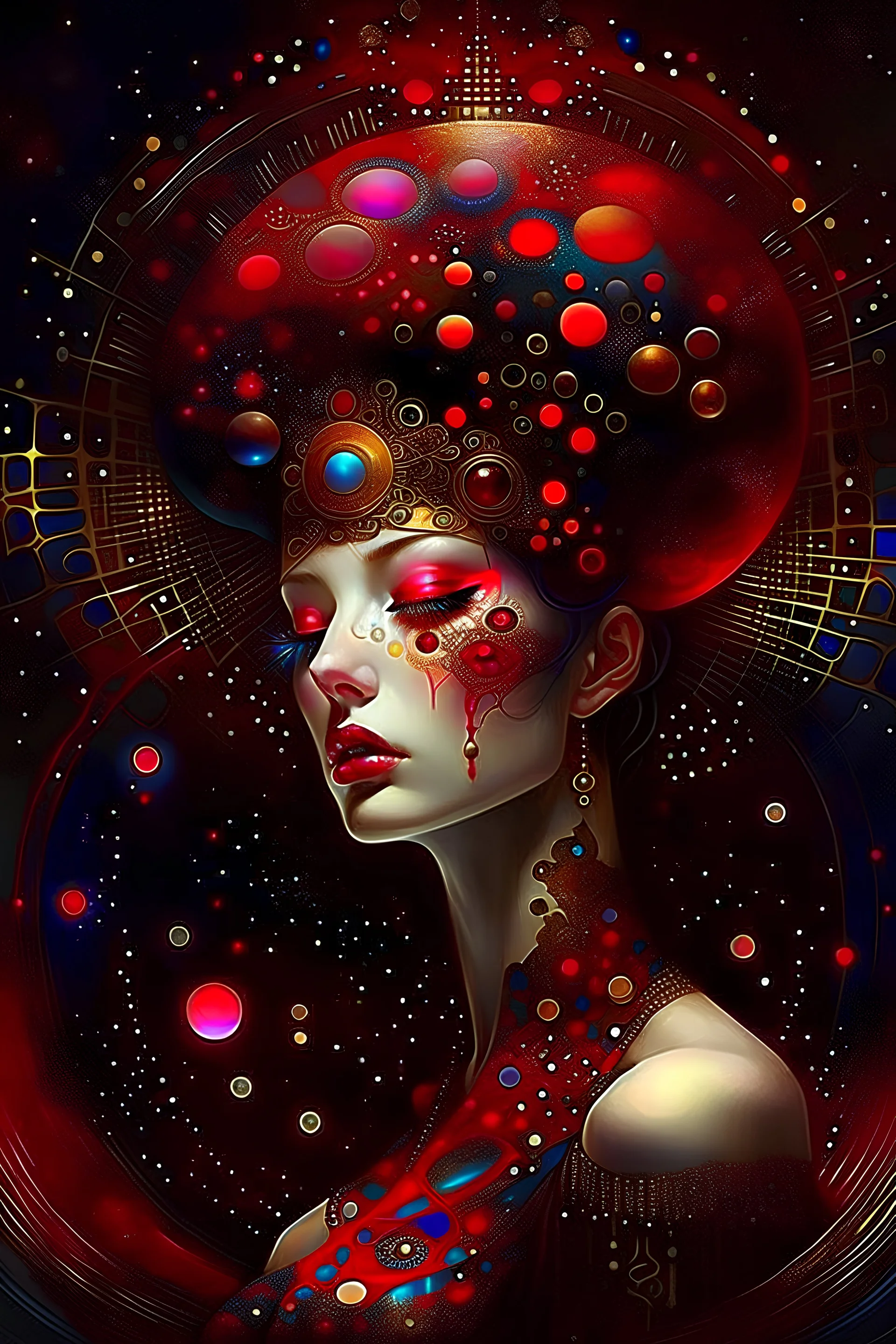 beautiful fantasy dreamy surreal abstraction, deep rich colors, magic lighting, Artist Jean-Baptiste Monge, Gustav Klimt geometric ornamental style, cosmic galaxy black red gold extravagant surreal beautiful ornamental dots and lines surreal abstraction, surreal Rene Magritte, solid colors, reminiscent of luxury, minimalist, clean with some abstract elements, with dark colors , trending on artstation, sharp focus, studio photo, intricate details, highly detailed,