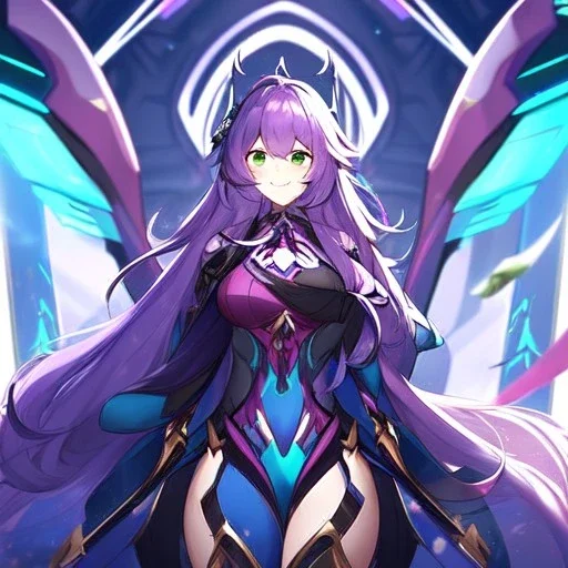 Clear focus,High resolution,High quality, Smiling, Purple long fluffy hair, Green eyes, Wearing a pink mech uniform, Honkai Impact Star Rail