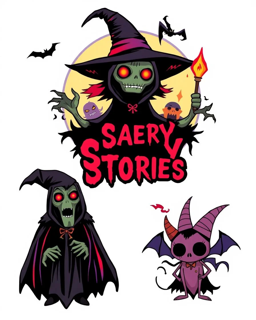 create a (LOGO) of stylish and trendy illustrations with elements of scary stories. Creative and mystical artworks with vibrant colors and unique characters. Perfect for illustrations to enhance scary tales, stories, or books for both children and adults.