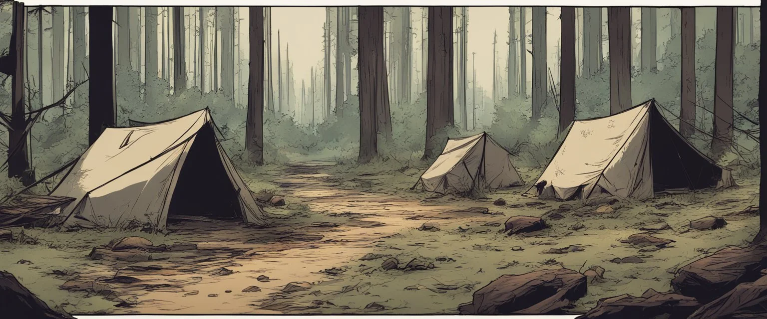 campsite, tents, overgrown, post-apocalyptic, comic book, forest, cinematic, from far away,