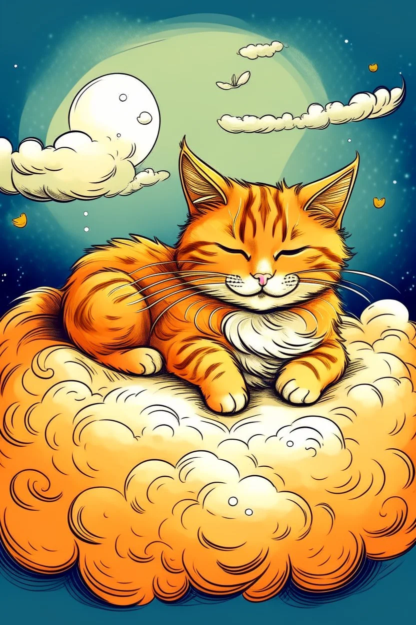 orange cat with stripes in heaven with wings and a halo sleeping on a cloud drawingA4 format