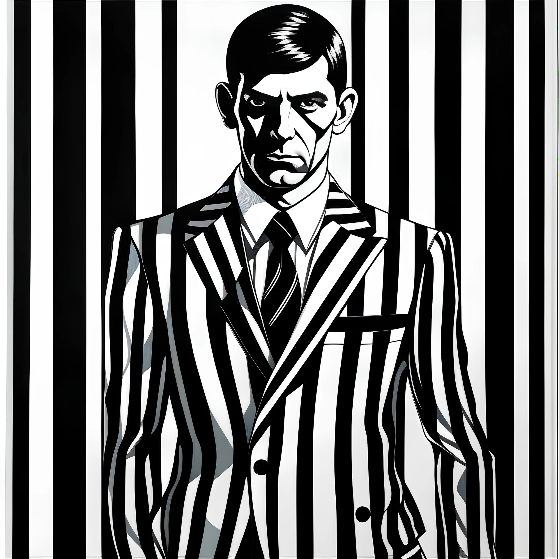 a black and white picture of a man in a striped suit, a silk screen by Sarah Morris