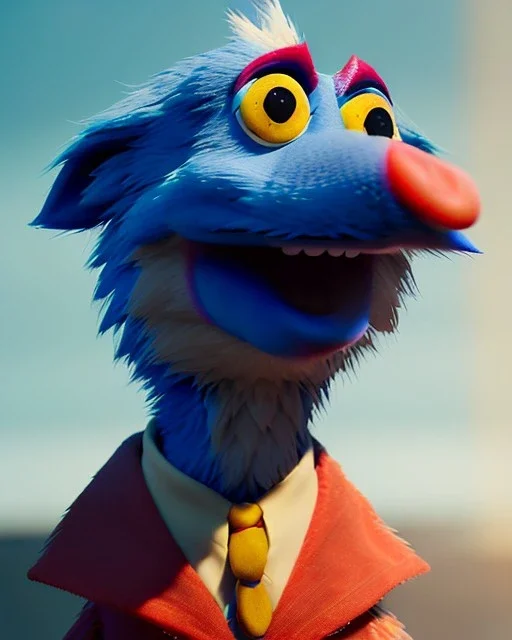 hybrid character, Sesame Street muppet head with body man, police dress, Wes Anderson style, concept art, smooth, unreal engine 5, god lights, ray tracing, RTX, lumen lighting, ultra detail, volumetric lighting, 3d.