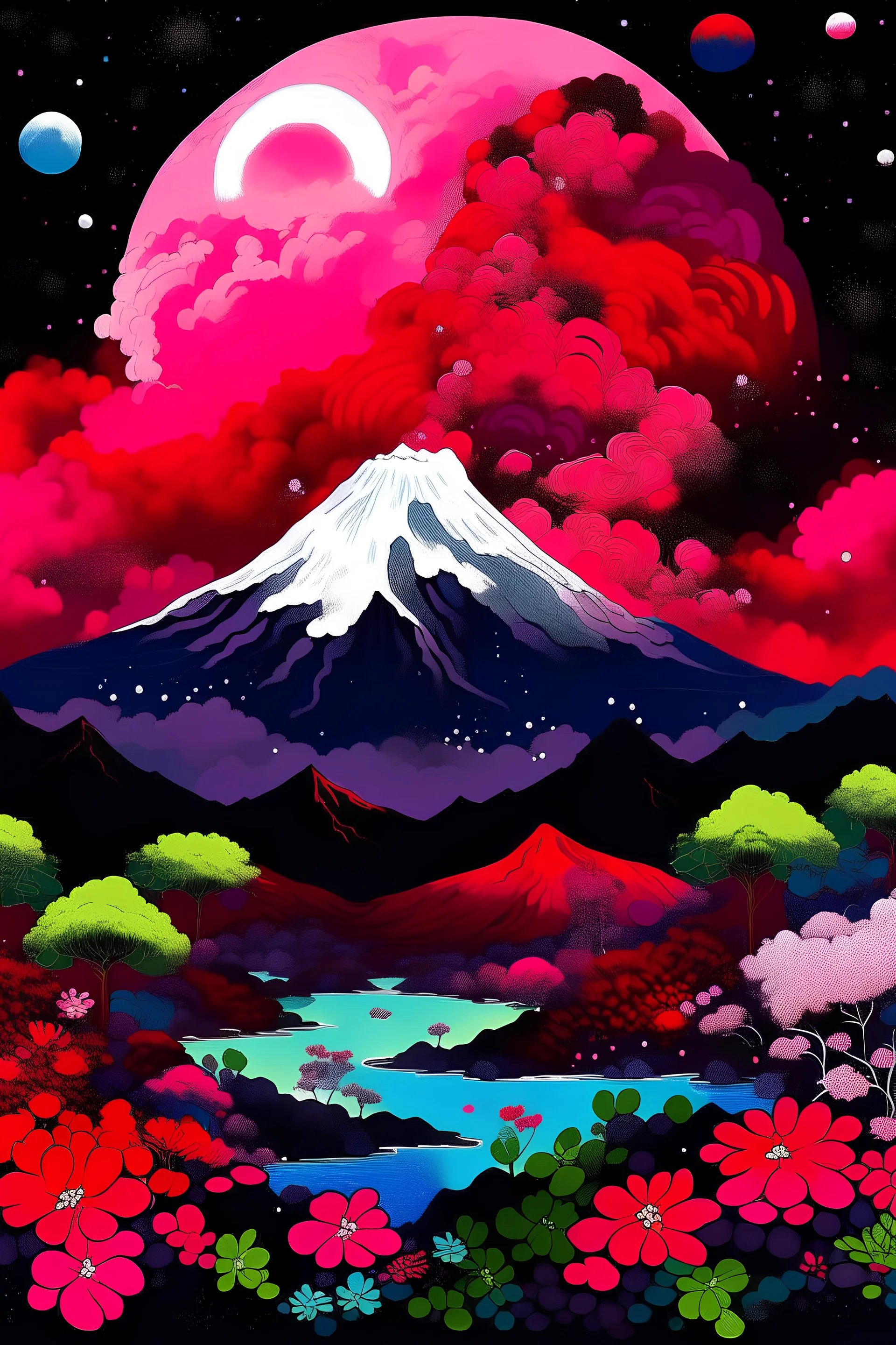 The sky is white, the land is red, and on top of it is a volcano whose lava is erupting, and in the middle of the sky there are stars that are pink and a moon that is green, and next to the volcano is a river that is red, from which flowers that are purple are bubbling, and in the middle of the river is a girl wearing black sports pajamas and a black hat, and in her hand is an umbrella because the sky is... It is white in color, full of black clouds, and it rains very, very heavy rain that thund