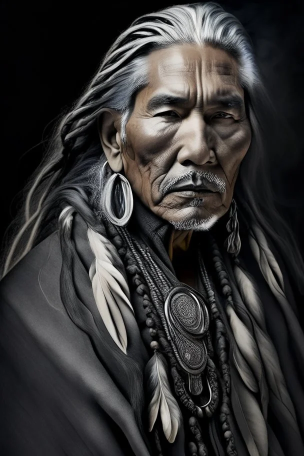 a photo of an Native american indian man with ethnic jewelry, grey hair and grey flowing robe, in style of Annie Leibovitz, contemporary portrait of a mature yet beautiful and modernist man, black and grey, detailed masculine face, swirling fluid smokey enigma, award-winning artwork