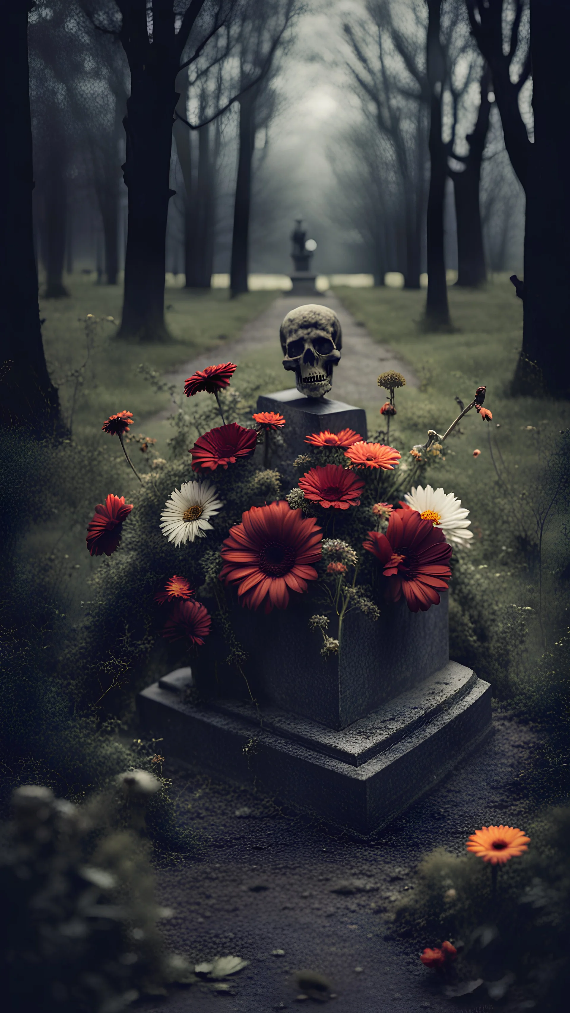 On the old grave lies flowers. horror style