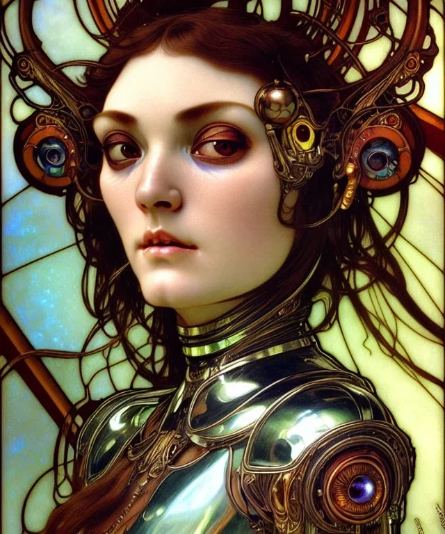 Realistic detailed face portrait of a beautiful futuristic Karen Carpenter queen in opudesignlent alien glass armor by alphonse mucha, ayami kojima, amano, greg hildebrandt, and mark brooks, female, feminine, art nouveau, ornate italian renaissance cyberpunk, iridescent venetian blown glass, neo - gothic, gothic, character concept